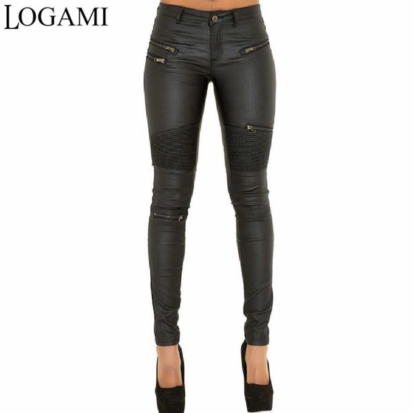 

logami faux leather pants women elastic zipper leather pants trousers leren broeken 220816, Black;white