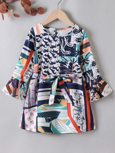 

toddler girls patchwork print flounce sleeve belted dress she, Red;yellow