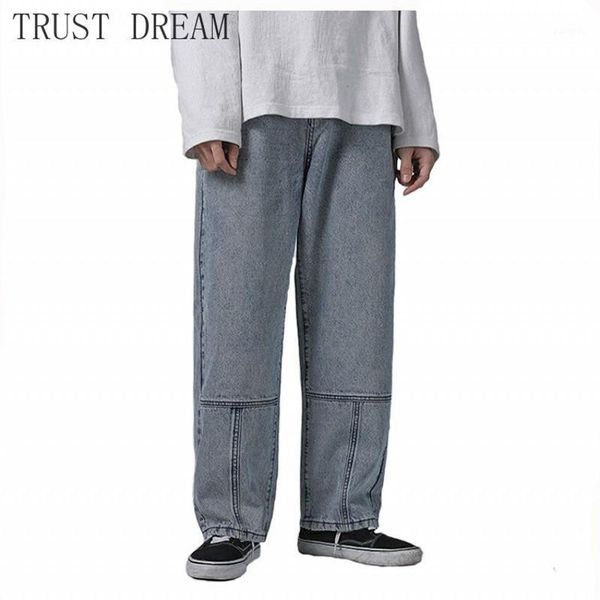 

men straight jeans solid splice loose hip hop streetwear1, Blue