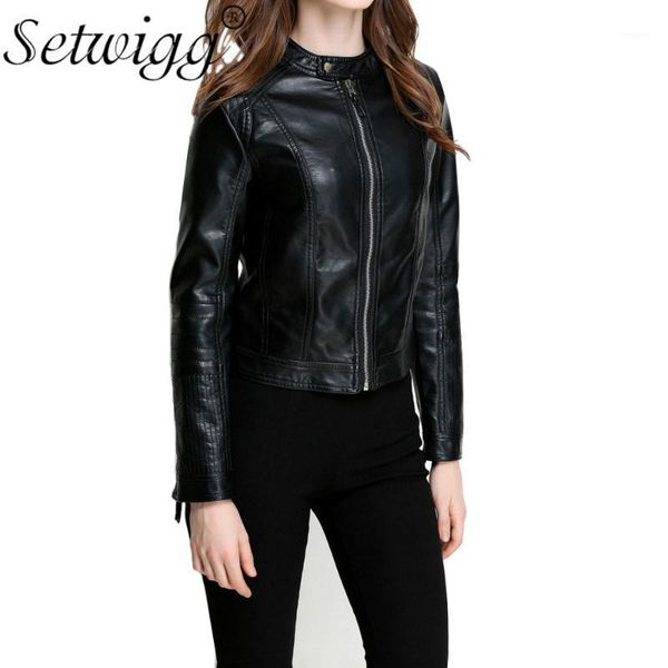 

setwigg autumn womens faux leather motorcycle jackets stand collar zipper slim pu leather short blazer & outerwear1, Black