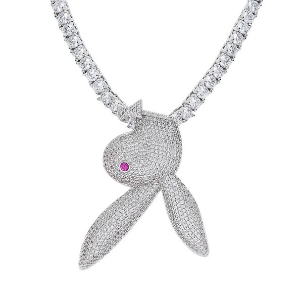 

i new european and american hip hop pendant solid red eye rabbit pendant inlaid with zircon inverted rabbit man hip hop necklace, Silver