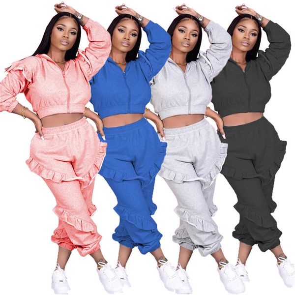 

women hooded tracksuit casual 2 piece set ruffle outfits long sleeve jacket+legging winter clothes plus size solid clor jogger suit 4314, White