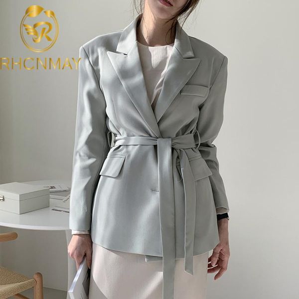 

women's suits & blazers 2021 autumn solid women korean work wear formal blazer loose elegant suit collar jacket female with belt, White;black
