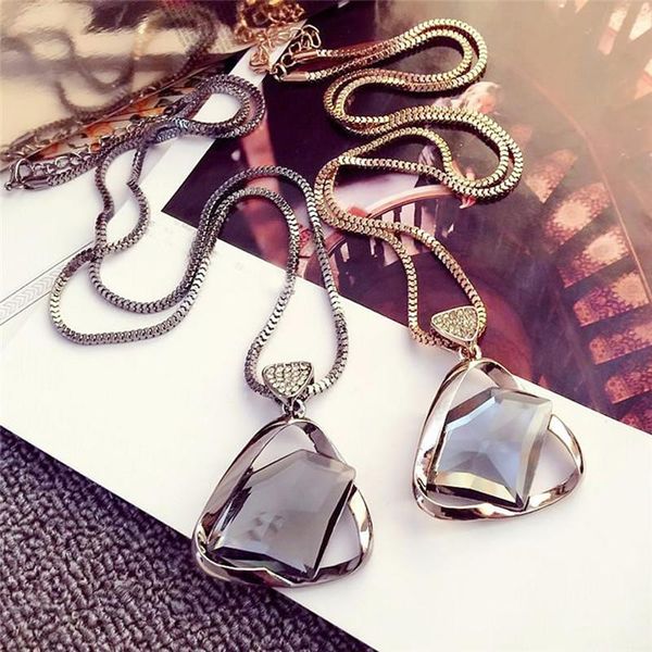 

triangle vintage punk crystal glass pendant necklaces women jewelry new brand geometry rhinestone long necklace, Silver