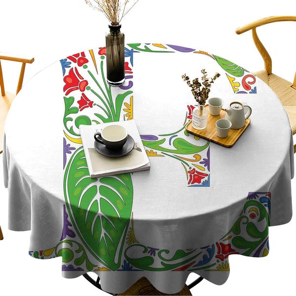 

washable round table cover nature inspired green life expressing abstract artwork in capital e letter print