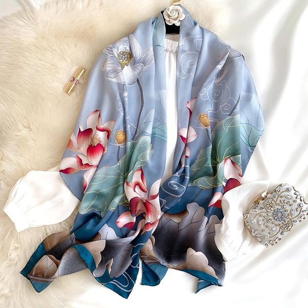 

elegant floral women 100 pure silk scarf shawls print wraps female foulard beach stole sunscreen pashmina bandana neck scarves wmtfnx, Blue;gray