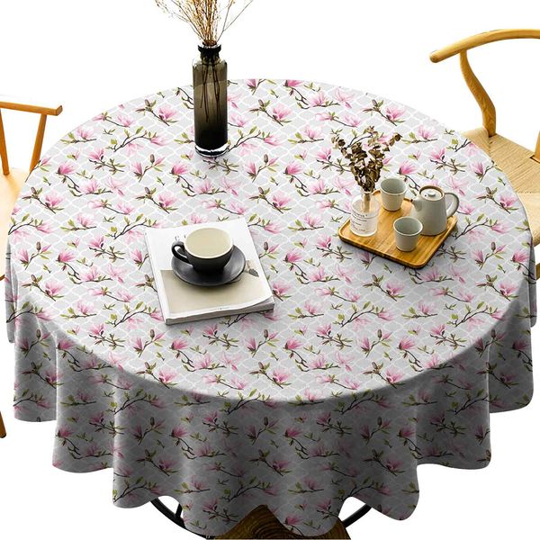 

round table cloths magnolia leaves with greyscale quatrefoil pattern background