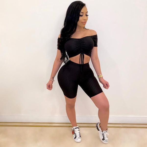 

2piece set women off shoulder short sleeve bow knot tied crop high waist short pants stretch outfits sets1, White