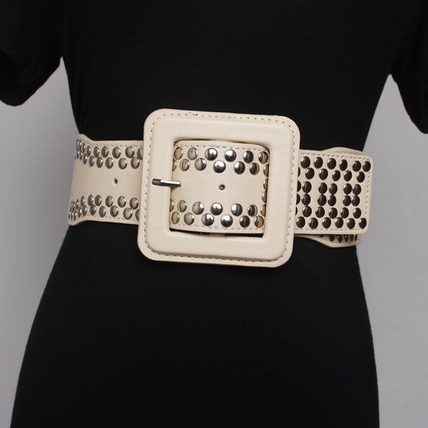 

new 2020 women fashion wide belt designer studded punk black belts gold big square buckle belts elastic belt female corset t200427, Black;brown