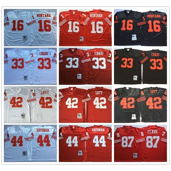 Jersey Vintage San Francisco 49er 16 Joe Montana Shirt 33 Roger Craig 44 Tom Rathman 87 Dwight Clark 42 Ronnie Lott Stitched Maglie da calcio da uomo