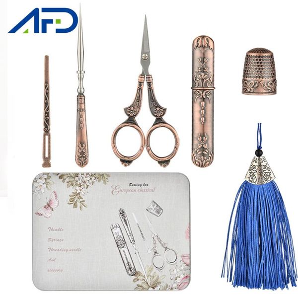 

sewing notions & tools 6pcs tool set vintage scissors needle bottle thimble kits for needlework with iron storage box gifts children, Black