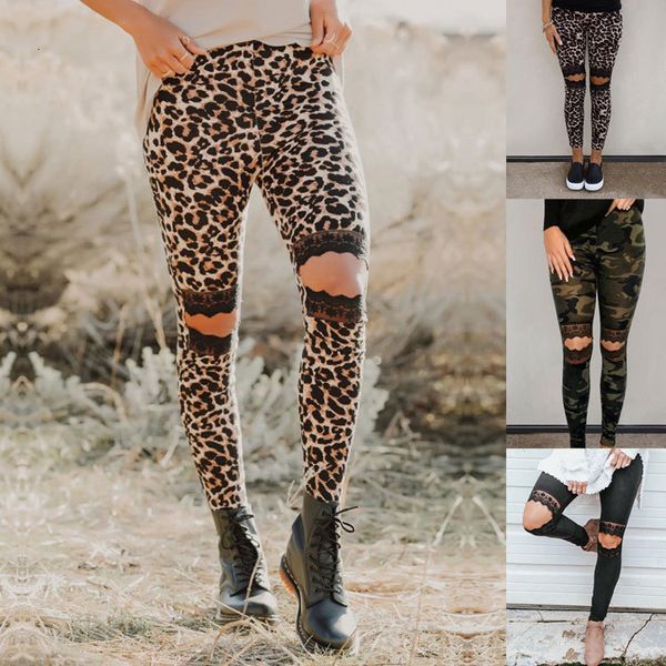 

fashion leopard print leggings women's spring and autumn high waist digital printing hole tight milk silk casual pants, Black