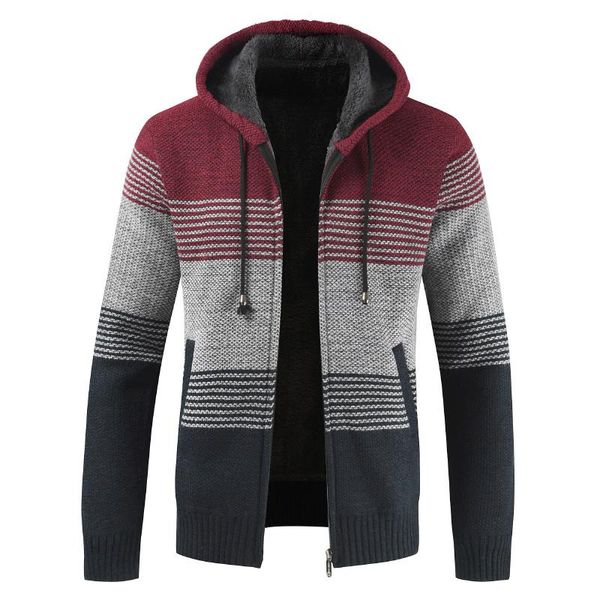 

sweater coat men 2021 winter thick warm hooded cardigan jumpers men striped wool liner zipper fleece coats, White;black