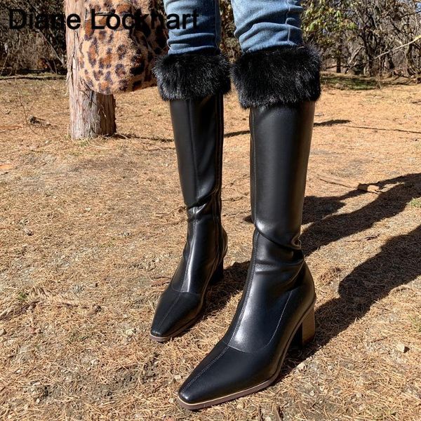 

boots winter warm fur knee high women beige heel long lady zipper pointed toe shoes femmes bottes large size1, Black