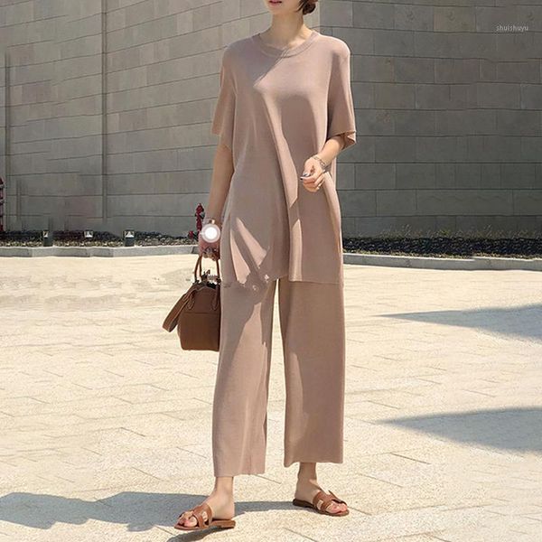 

ice silk knitted two piece set women casual long pullovers and wide-leg pants suits split korean loose matching set b0411, Gray