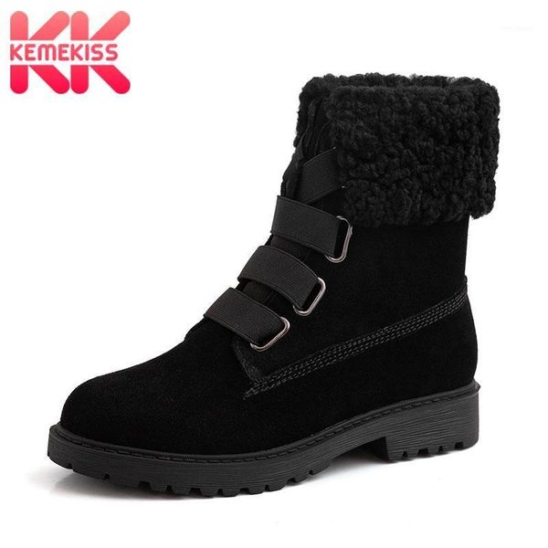 

kemekiss sewing women ankle boots round toe lacing fur shoes women black pattern thick heel casual female footwear size 34-391