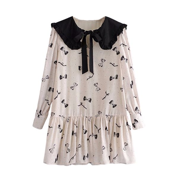 

2021 new sweet women polka dot print es fashion ladies bow collar loose elegant female chic patchwork vestidos j0f6, Black;gray