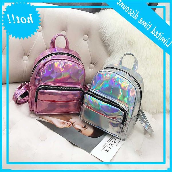 

50pcs fashion hologram laser backpack pink silver waterproof female small bags leather holographic mini backpacks for teenage travel bag