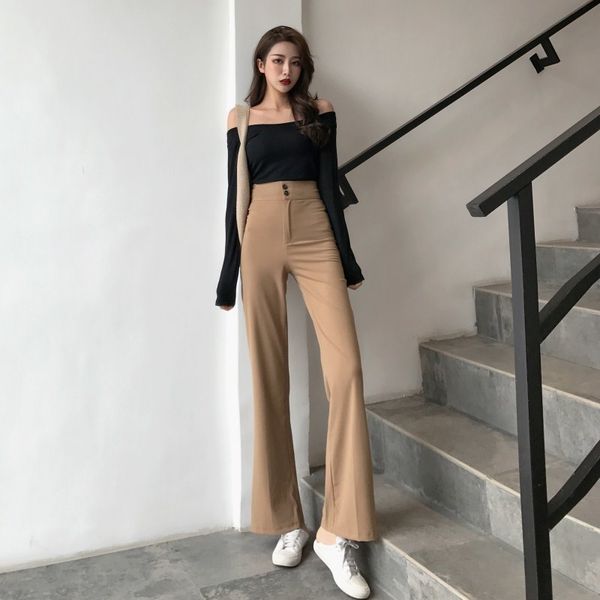 

mazefeng new autumn women casual solid straight pants ladies button slim pants female wide leg pant vintage korean style 201109, Black;white