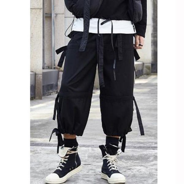

men's pants spring/summer black satin patchwork slacks street shorts hip-hop punk gothic sweatpants yamamoto style