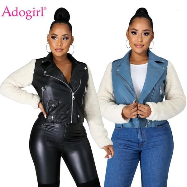 

adogirl women pu leather plush patchwork zipper jacket with pockets fall winter turn down collar long sleeve short casual coat1, Black;brown