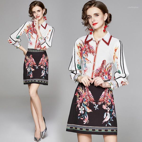 

summer runway 2 piece womens ladies set vintage print collar long sleeve casual party shirt blouse mini skirt suits outfits1, White