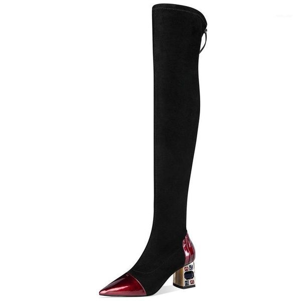 

crystal thick high heels ladies boots genuine leather over the knee boots winter party dancing party shoes woman1, Black