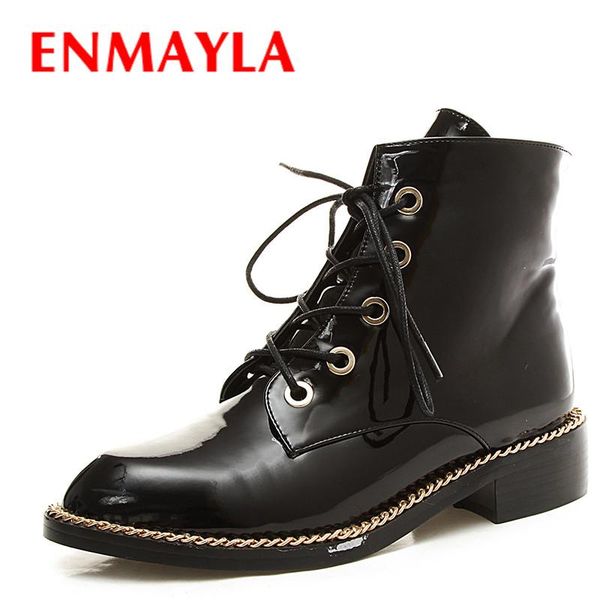 

enmayla low heels chains lace-up ankle boots for women round toe motorcycle boots black punk shoes woman