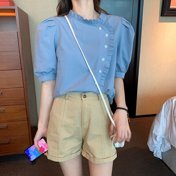 

perhaps u white blue stand collar solid shirt puff short sleeve button blouse summer casual loose women ruffle b0558 y200622