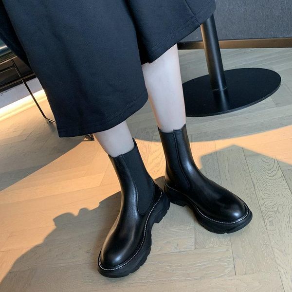 

genuine leather ladies boots elastic band round toe thick heels women boots autumn winter party working shoes woman, Black