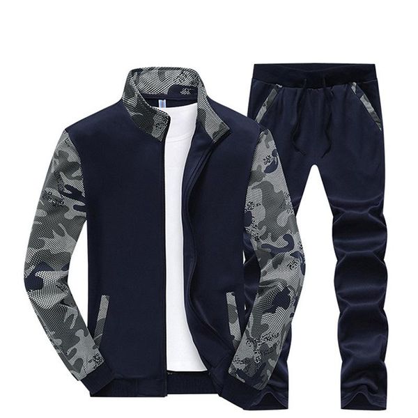 

2020 new men's casual camouflage tracksuits sets long sleeve patchwork sweatshirt coat and running jogging pants plus size 4xl, Gray