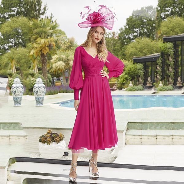 

dark pink v neck chiffon evening dress party gowns long puff sleeves pleat a line elegant formal prom dresses robe soiree 2022, Black;red