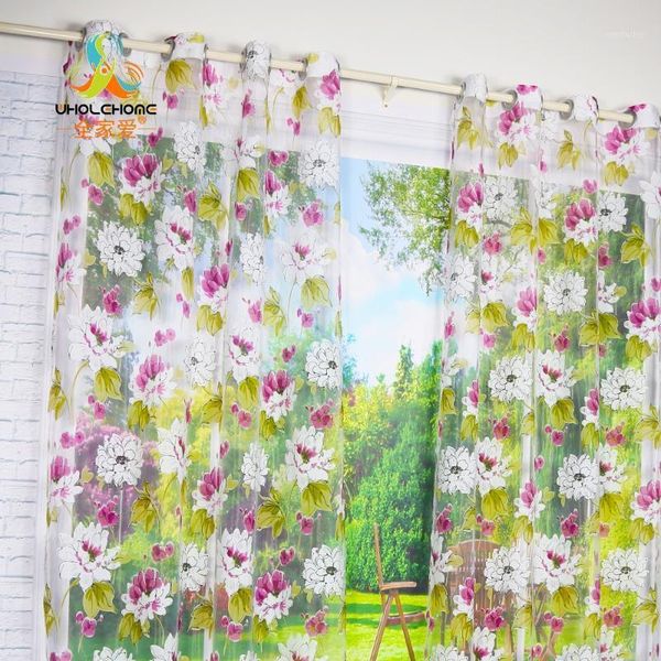 

window curtain purple flowers transparent sheer voile fabric for home living room screening 1pcs/lot1