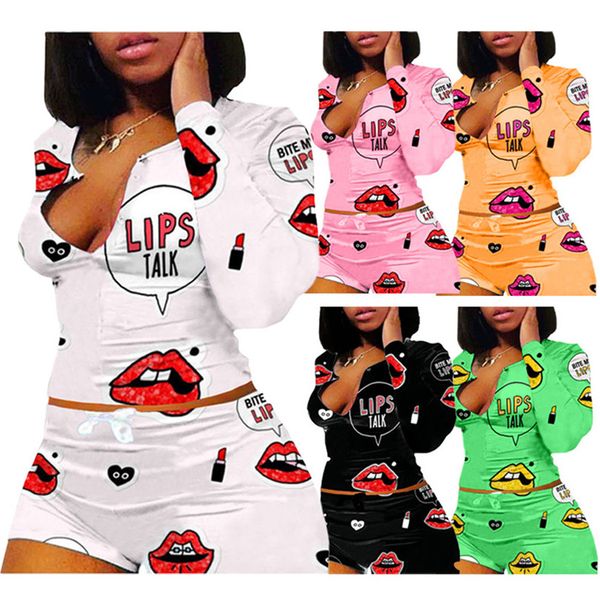 

women designer clothes lips printed long-sleeved t shirt shorts two pieces set home wear plus size fashion casual sport outfits f112503, White