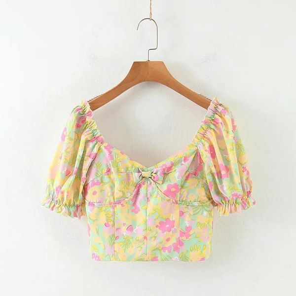 

women's blouses & shirts casual woman square collar flower printing short shirt crop 2021 fashion ladies puff sleeve slim blouse s7276, White
