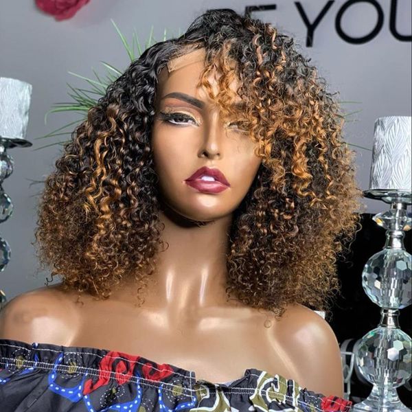 

lace wigs 180density bouncy curly ombre full human hair with baby pre plucked 360 frontal bleached knots remy, Black;brown