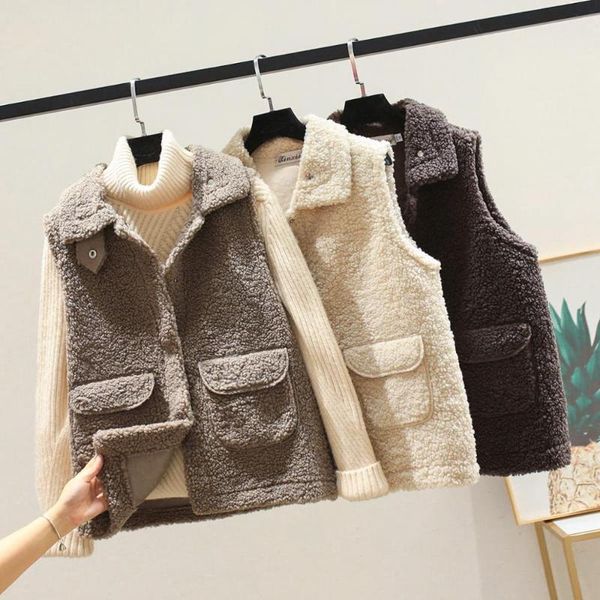 

women's vests lambswool waistcoat short autumn winter 2021 fur one-piece vest outer wear lamb velvet jacket, Black;white