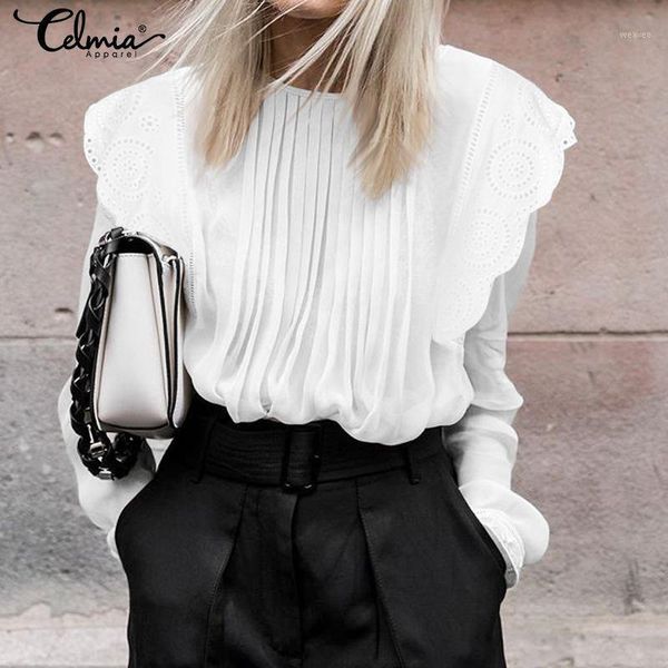 

celmia women fashion casual long sleeve lace blouse loose hollow out tunic ladies shirts plus size elegant blusas femininas1, White