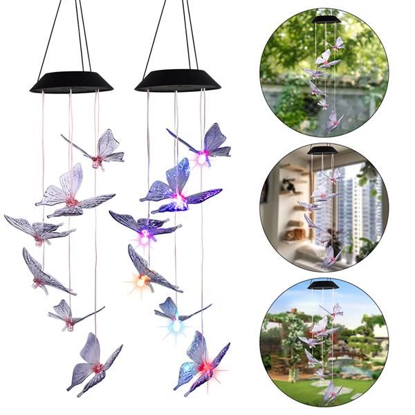 

solar intelligent light control design and color shell butterfly wind chime corridor decoration pendant solar panel colorful