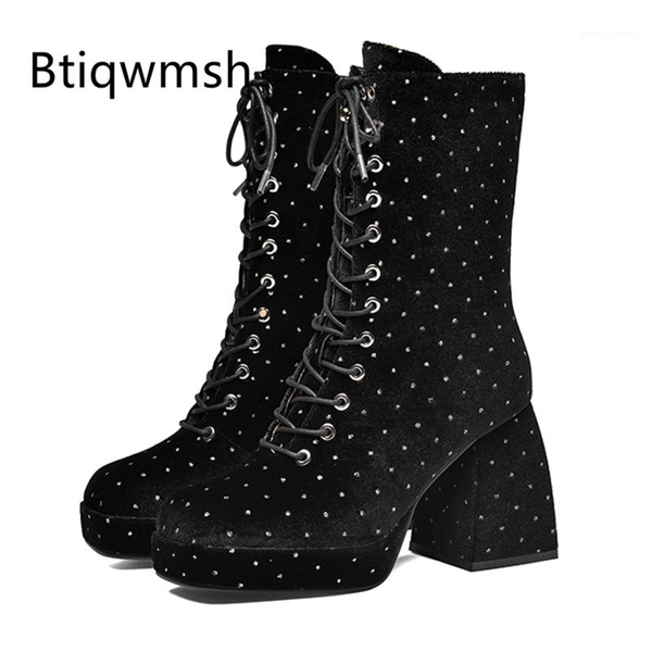 

boots luxury velvet women square toe rivet side zipper strange high heel femme platform ankle1, Black