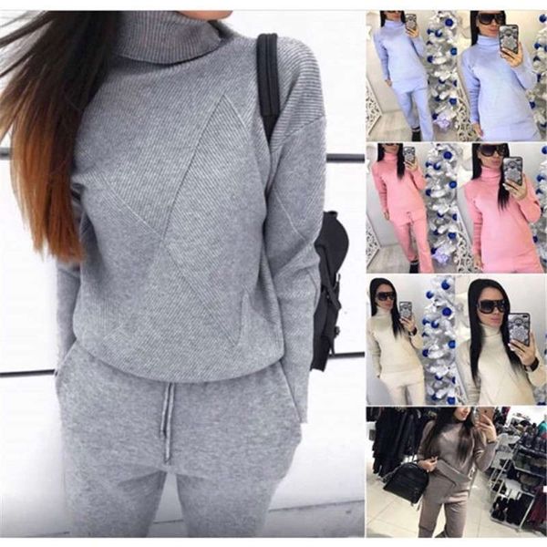 

2020 sweater knitted skirt set high neck casual women's sportswear two piece knitwear, Gray