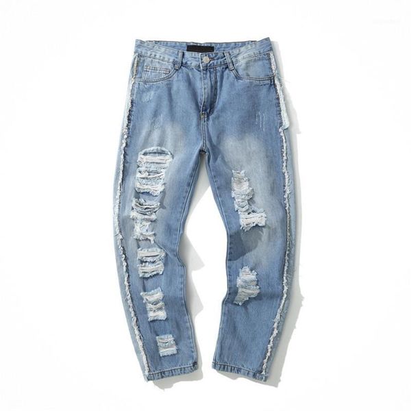 

spring men's perforated straight jeans hip hop slim pants men's casual jeans1, Blue