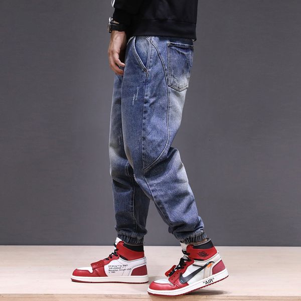 

2021 new newly fashion winter warm jeans men loose fit spliced designer denim cargo pants homme harem trousers streetwear hip hop joggers xr, Blue