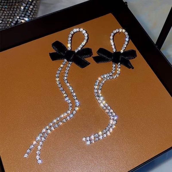 

dangle & chandelier lovoacc korean black velvet bowknot long tassel earrings for women bling rhinestone tie bow drop party jewelry, Silver