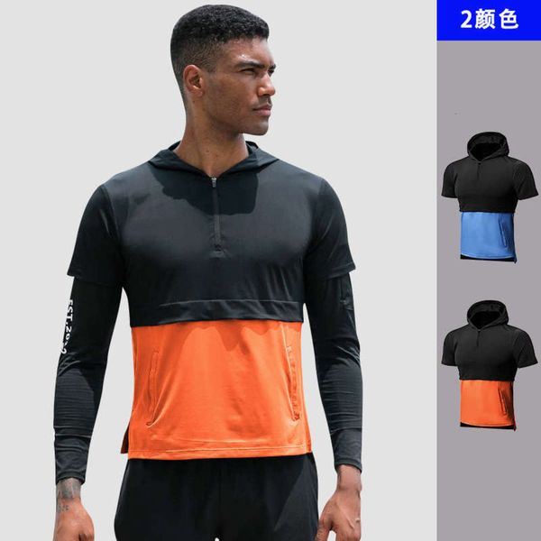 

short fitness men's sleeve loose sportswear running training quick dry clothes contrast stitching hoodie t-shirt 91210, Gray