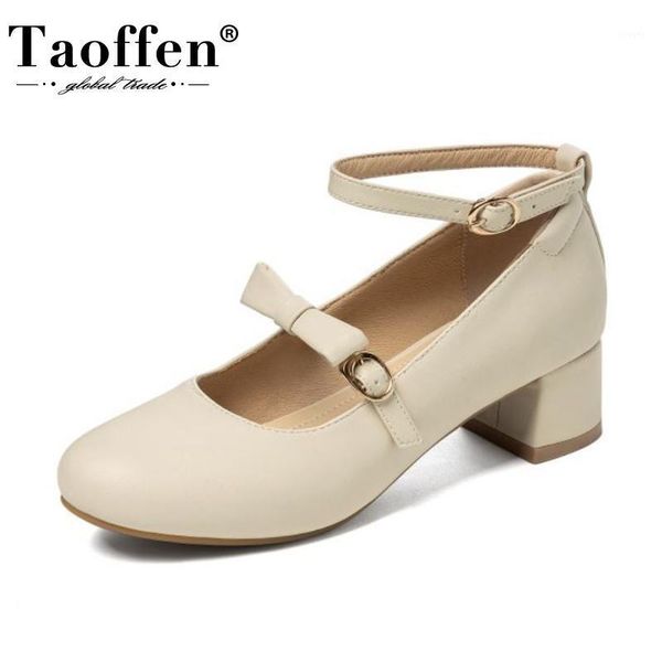 

taoffen size 30-43 2021 pu leather women pumps fashion bowknot spring shoes woman ankle strap buckle square med heels footwear1, Black