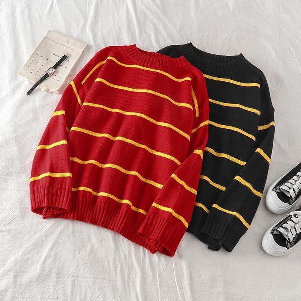 

mooirue women soft sweater vintage striped casual streetwear o neck loose harajuku basic korean style kintting pullovers, White;black