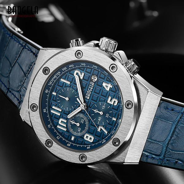 

baogela men's new quartz watches waterproof chronograph casual luminous wrist watch man leather strap relogios 1805 blue 201120, Slivery;brown
