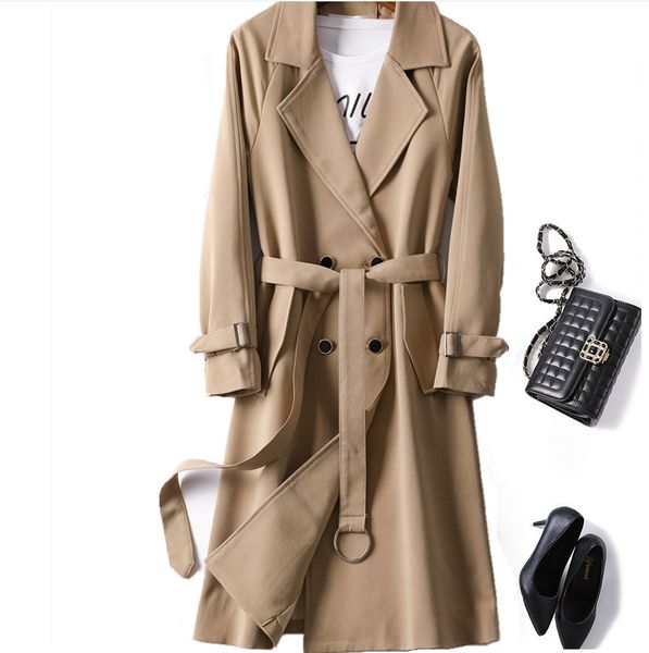 

2021 new women's coat long section spring and autumn double feature breasted female hong kong jacket 6y6k, Black;brown