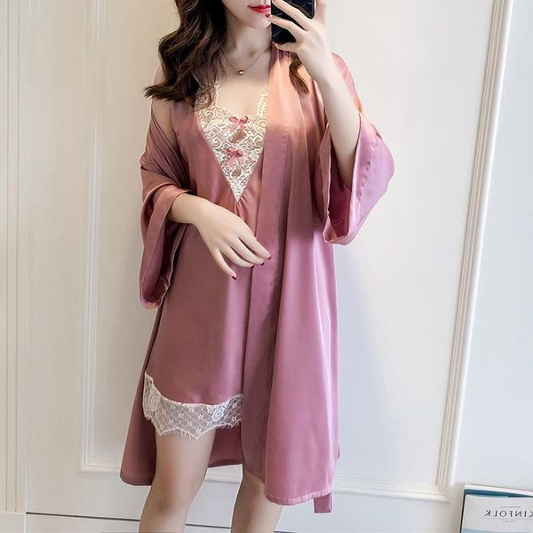 

women's sleepwear daeyard 2021 summer robe gown sets satin lace nightdress bride bridesmaid robes silk pyjama home clothes, Black;red